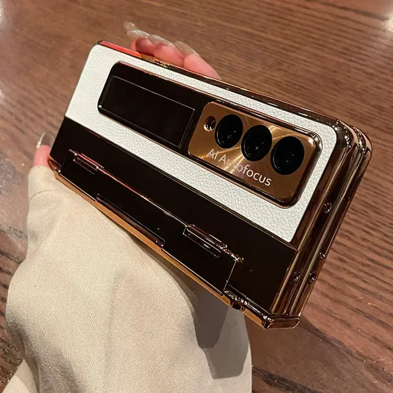 Plating Gloss Leathe Phone Case Fo Samsung Galaxy Z Fold 7 6 5 4 3 Hinge Desktop Kickstand Anti-Dop Potect Back_voghion.com