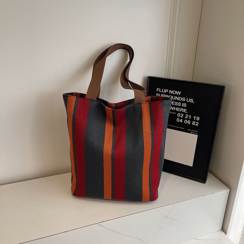 Large capacity commuter bag Women's striped canvas Bag Casual fashion Single shoulder Tote bag Travel tote bag_voghion.com