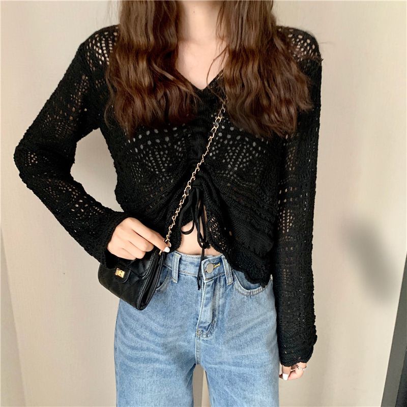 Haut en dentelle tricoté pour femme, pull d'été à col en V avec cordon de serrage, coupe ample et décontractée_voghion.com