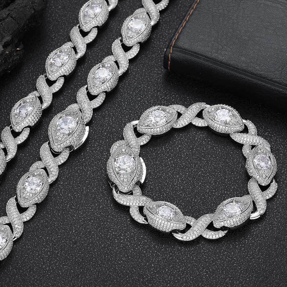 Set di collana e bracciale a catena cubana, stile hip hop, catena a strati con zirconi placcati in oro e argento, larghezza 8 mm, pezzo unisex per abbigliamento casual._voghion.com