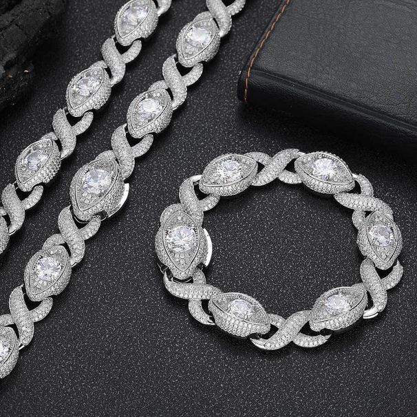 Set di collana e bracciale a catena cubana, stile hip hop, catena a strati con zirconi placcati in oro e argento, larghezza 8 mm, pezzo unisex per abbigliamento casual._voghion.com