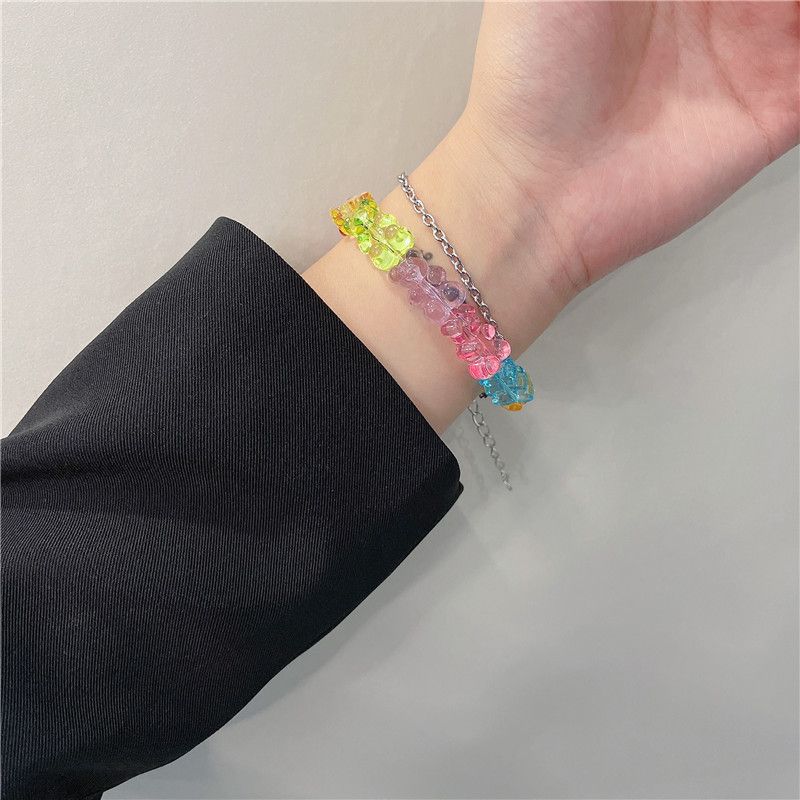 Bracelet en gelée coloré avec chaîne arc-en-ciel et ours en peluche_voghion.com