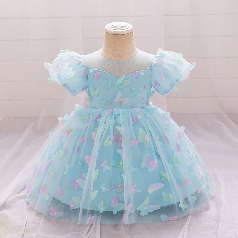 Flowing Butterfly Gown Baptism Princess Dress (70-110cm/6M-3Y) | Colorful 3D Butterfly Tulle Gown With Puff Sleeves Ethereal Tulle Dress For Christeni_voghion.com