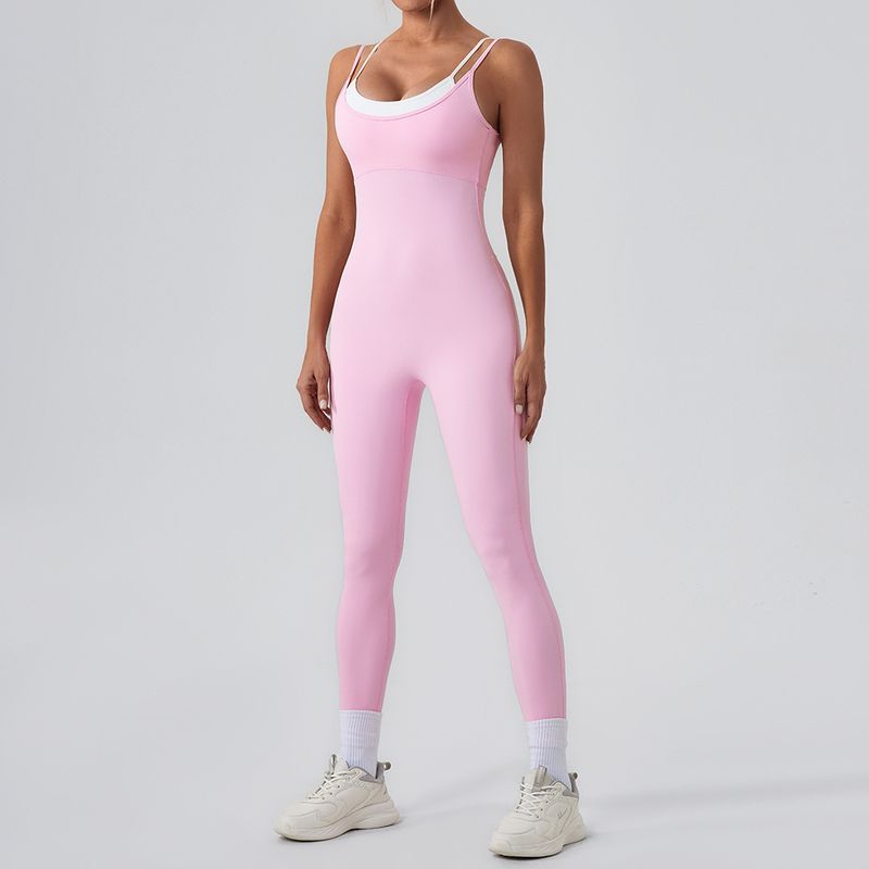 Baskılı V Yaka Kolsuz Pileli Yırtmaçlı Elbise İki Parçalı Kontrast Renkli Askılı Spor Tulum Tek Parça Yoga Kıyafeti Sırtı Açık Açık Hava Fitness Tulumu_voghion.com