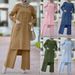 Women's Clothing Middle Eastern Muslim Solid Color Loose Long Sleeved Double Pocket Slit Elastic Waist Trousers Suit_voghion.com