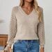Eleganter, einfarbiger Strickpullover für Damen mit Häkeldetails, lange Ärmel, lockerer Schnitt, V-Ausschnitt, lange Ärmel_voghion.com