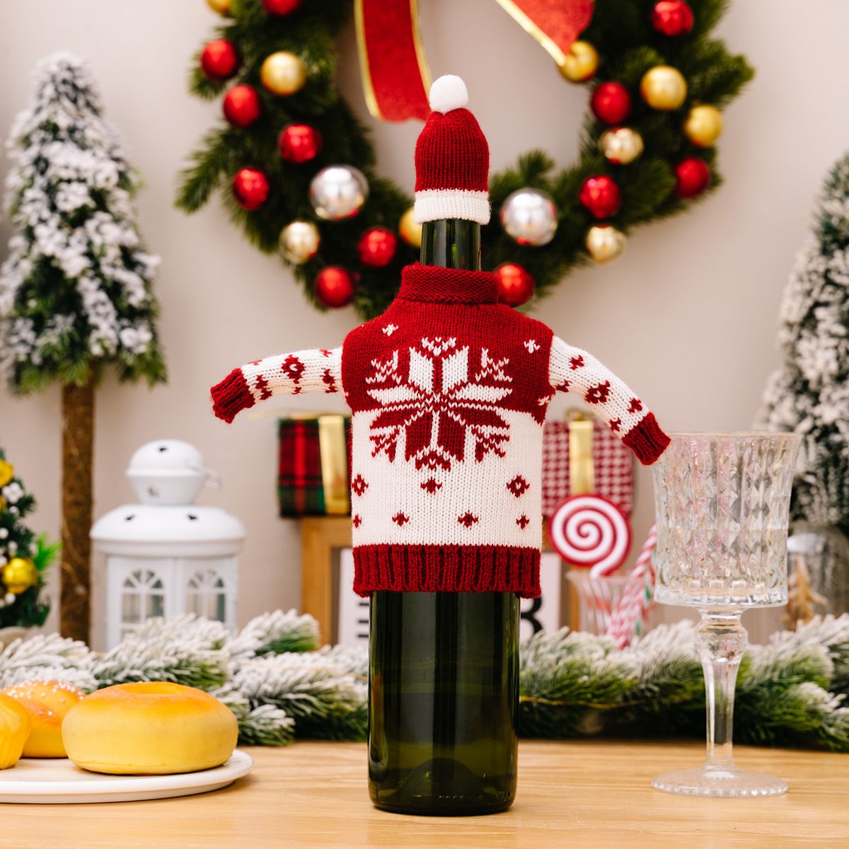 Knitted Christmas Wine Bottle Cover Cozy Snowman Design Holiday Decoration For Wine Gift_voghion.com