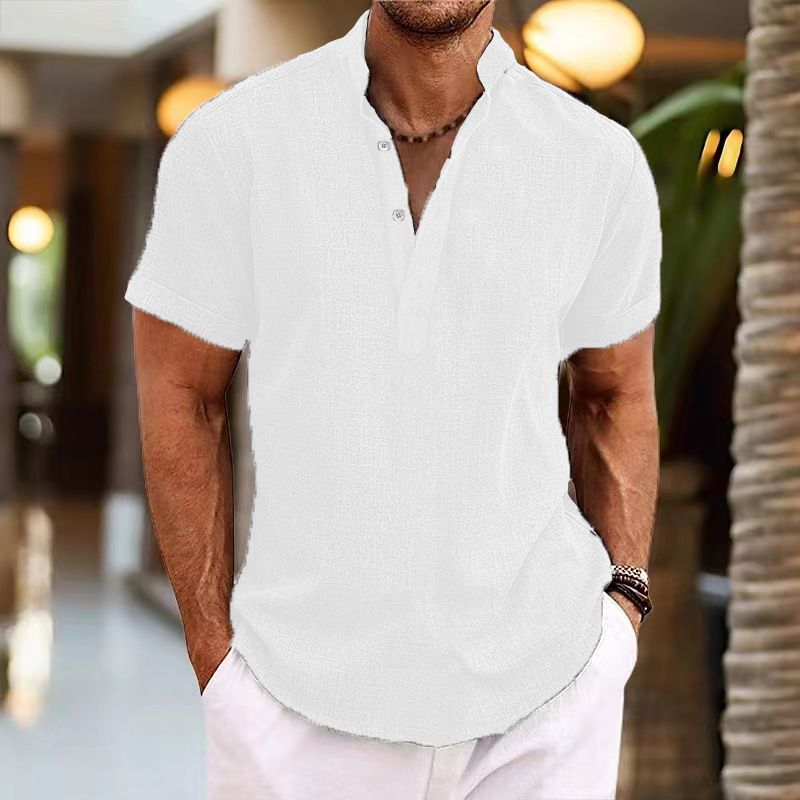 Camicia Henley casual a maniche corte con collo in piedi, tinta unita, da uomo, per l'estate dei nuovi uomini_voghion.com