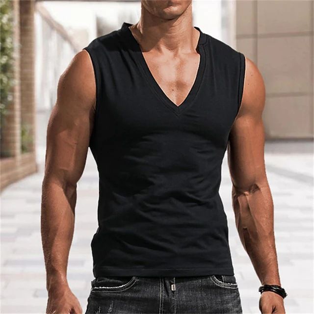 Europäische Größe Herren Einfarbig V-Ausschnitt Weste Lässig Atmungsaktiv Ärmellos T-Shirt Weste_voghion.com