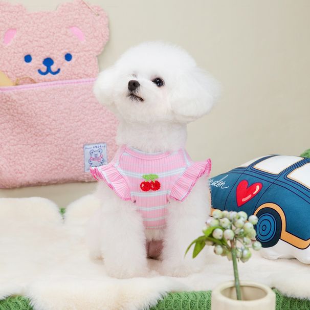 INS Pet Spring Summer Clothes Cat Apparel Small Dog Cherry Flutter Sleeve Thin Vest T-Shirt_voghion.com