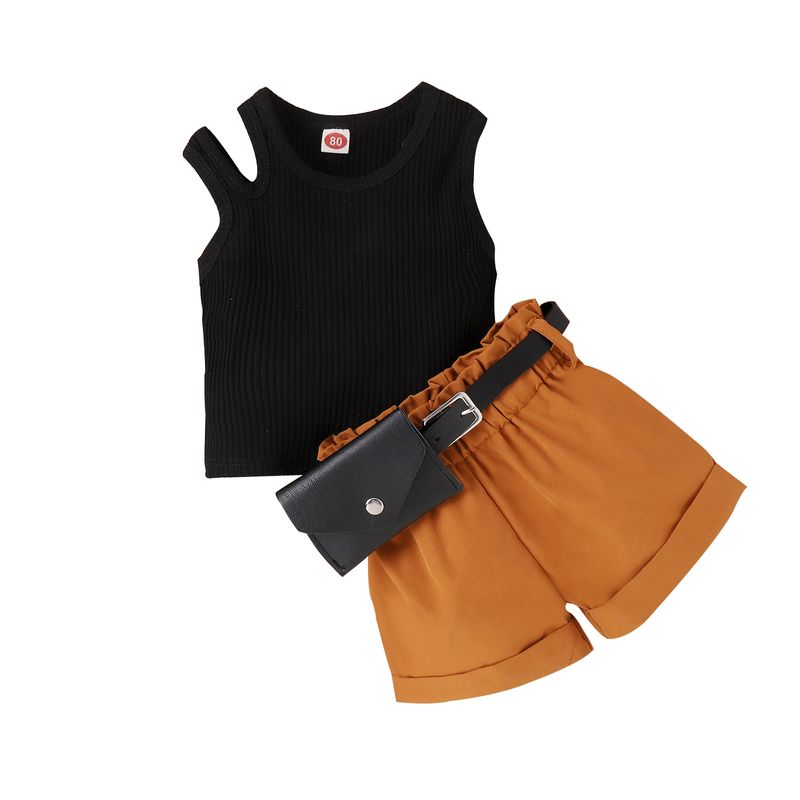 Babykleding Meisjes lente en zomer off-the-shoulder design top en shorts met Fanny pack driedelig kinderpak_voghion.com