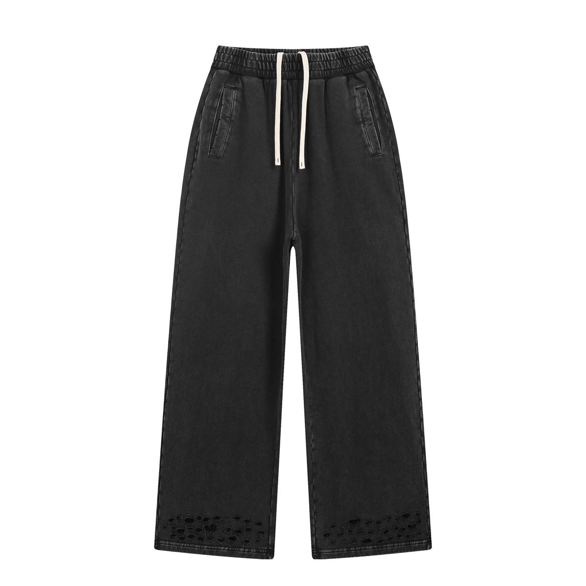 Men's Distressed Straight Leg Pants - High Street Fashion Vintage Washed Cotton Trousers With Ripped Details (S-XXL, Black/Gray)_voghion.com