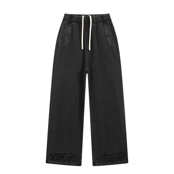 Men's Distressed Straight Leg Pants - High Street Fashion Vintage Washed Cotton Trousers With Ripped Details (S-XXL, Black/Gray)_voghion.com