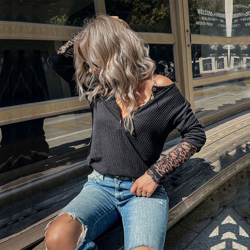 Pullover maglione con fondo in pizzo nero a maniche lunghe_voghion.com