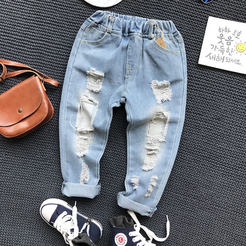 Children's Clothing Manufacturers Direct Sales 2024 Spring Boys And Girls Korean Style Versatile Personality Ripped Jeans A6705 Children's Pants_voghion.com