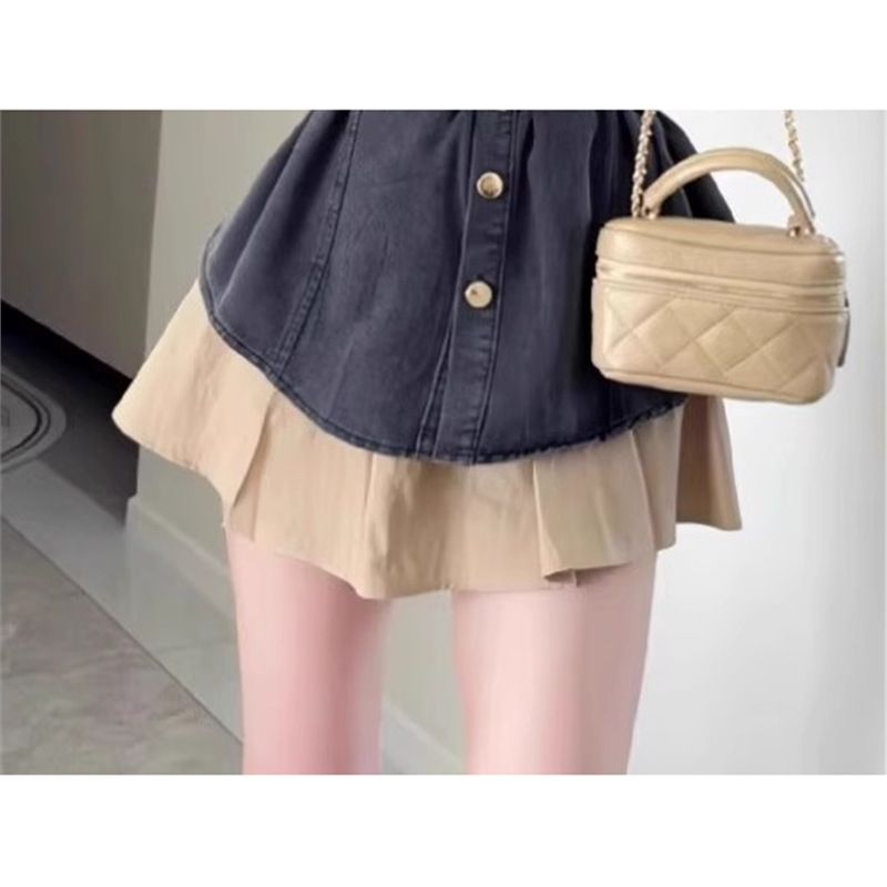 Tailleur en jean à simple boutonnage et col rabattu pour femme, gilet taille haute et jupe bouffante pour l'été_voghion.com