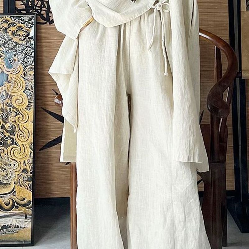Neues verbessertes Hanfu-Tang-Anzug-Oberteil aus Baumwollleinen für Damen mit Knöpfen, buddhistisches Zen-Set im chinesischen Stil, Tee-Kleidungs-Outfit_voghion.com