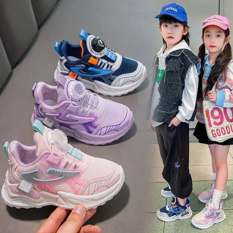 Boys' Sports 2024 Spring New Rotating Button Children's Soft Sole Casual Colored Girls' Breathable Mesh Shoes_voghion.com
