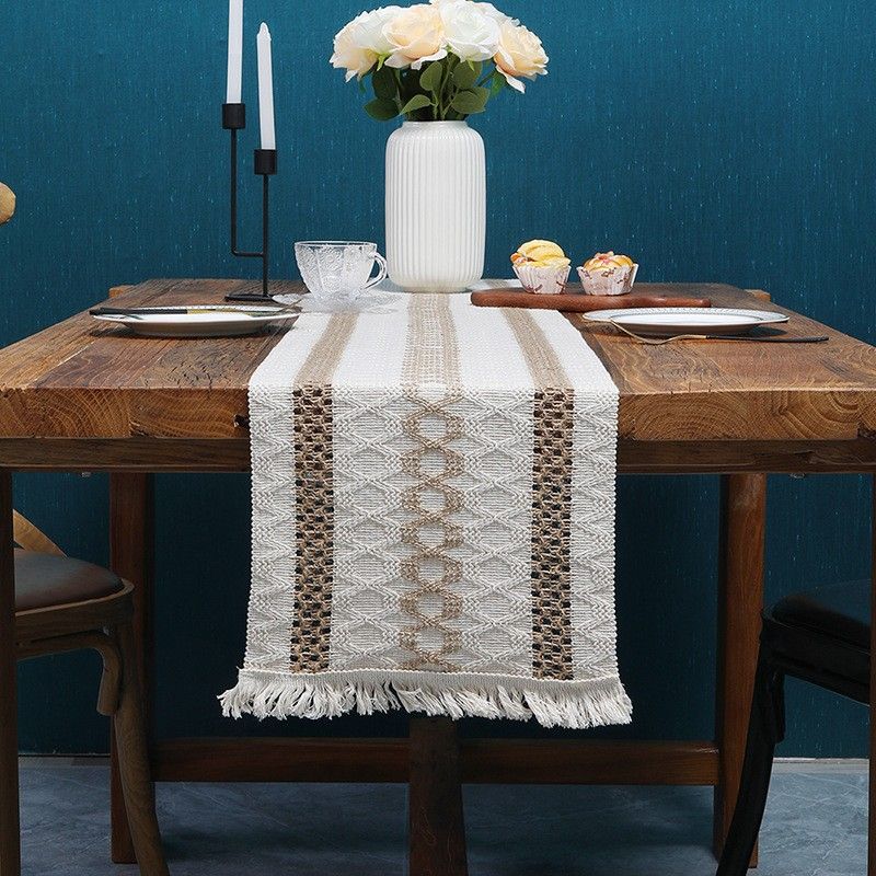 Two Color Woven Tassel American Cotton And Linen Table Runner Stitching Natural Material Table Mat Holiday Decoration Cover_voghion.com