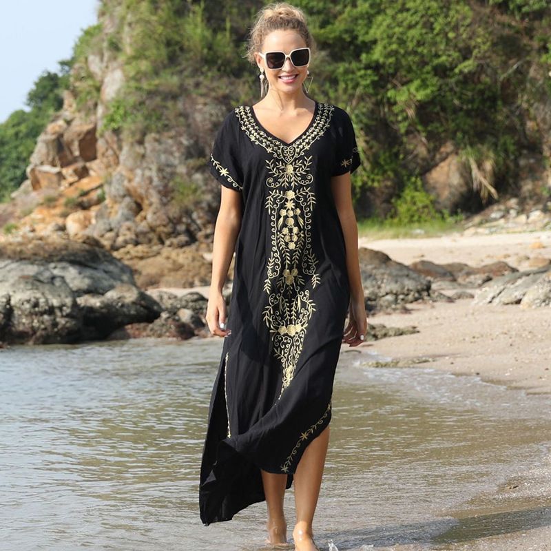 Women's Clothing Cover Up Cotton Women's Cotton Embroidered Beach Cover Up Long Robe - Lightweight Sun Protection Swimwear Cover Up Vacation Poolside​_voghion.com