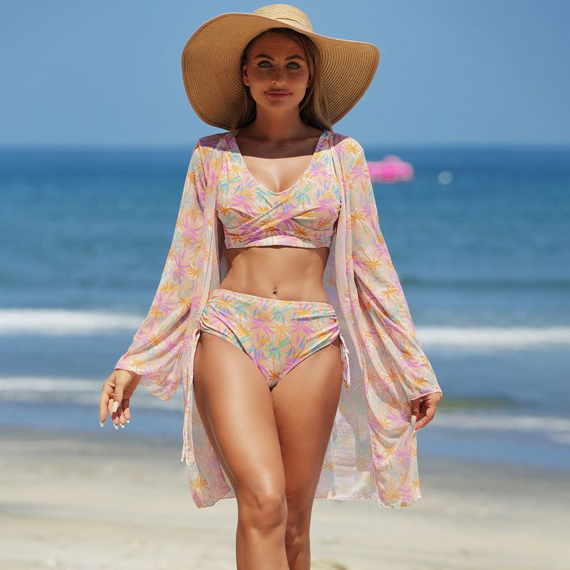 Damenbekleidung Farbbedruckter Damen-Badeanzug Bikini Bikini Dreiteiliger Damen-Badeanzug_voghion.com