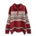 girl Christmas Red Turn-Down Collar Half-Zip Sweater For Women, Autumn Winter Lazy Style, Soft And Cozy, Zodiac Year Jacquard_voghion.com
