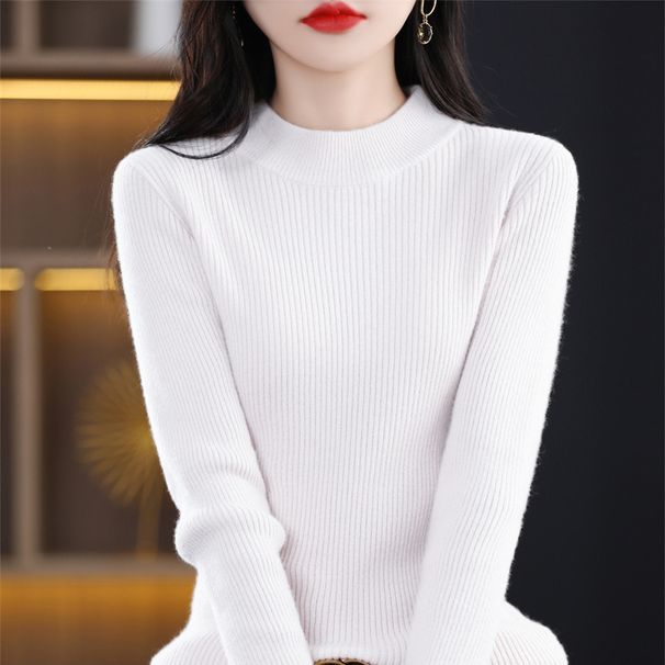 Suéter feminino de lã, slim stretch, manga comprida, clássico, cor sólida, meia gola alta, camisa com base combinando por dentro_voghion.com