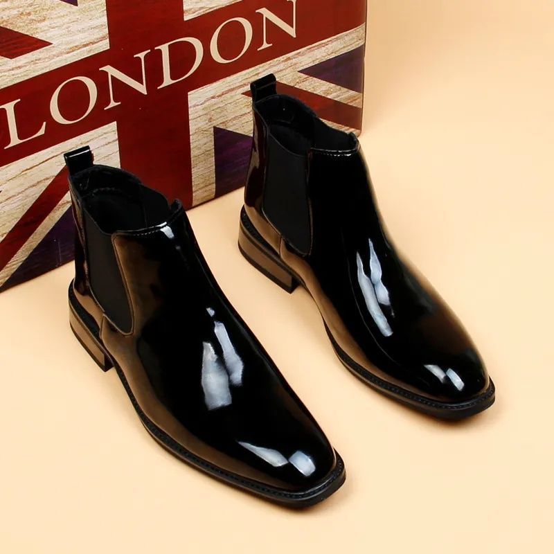 Chelsea Boots Men's Glossy Leather Boots Small Square Head Short Boots High Top Business Leather Shoes Patent Leather Men's Boots_voghion.com