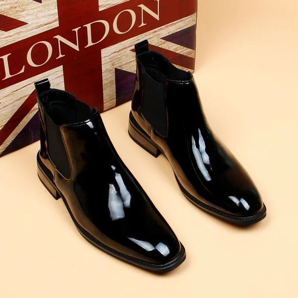 Chelsea Boots Men's Glossy Leather Boots Small Square Head Short Boots High Top Business Leather Shoes Patent Leather Men's Boots_voghion.com