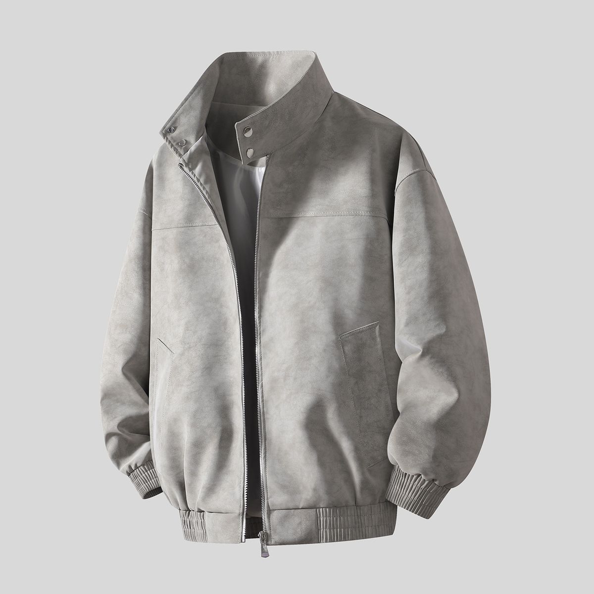 Herrenbekleidung Herren-Baseballjacke aus PU-Leder – Relaxed Fit Bikerjacke aus gewaschenem Leder für Frühling und Herbst (Grau/Schwarz, Bilateral/Regular)_voghion.com