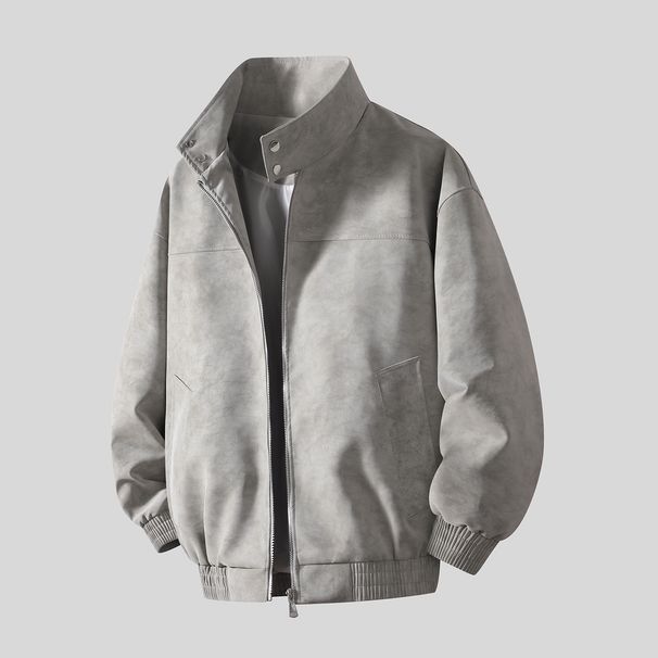 Herrenbekleidung Herren-Baseballjacke aus PU-Leder – Relaxed Fit Bikerjacke aus gewaschenem Leder für Frühling und Herbst (Grau/Schwarz, Bilateral/Regular)_voghion.com