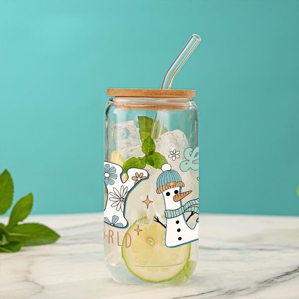 Szklany kubek świąteczny premium z bambusową pokrywką i słomką – ekologiczny, szczelny, pojemność 16 uncji – idealny na prezent, do biura i domu (zestaw 2 szt.)_voghion.com