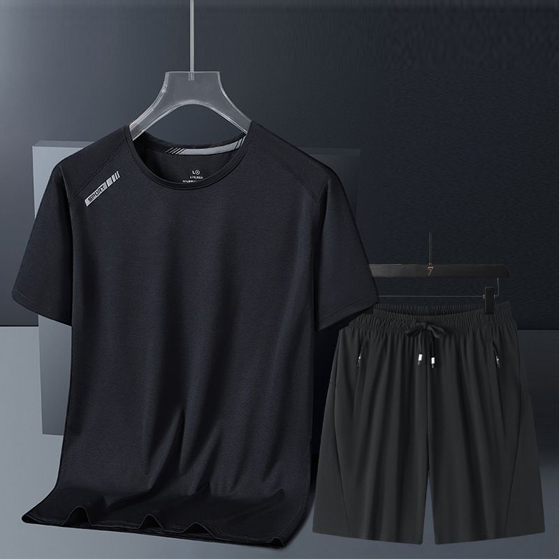 Herrenanzug Eisseide Schnelltrocknend Dünn Atmungsaktiv Rundhals Kurzarm T-Shirt Hose Lässiger Sport Zweiteiliger Anzug_voghion.com