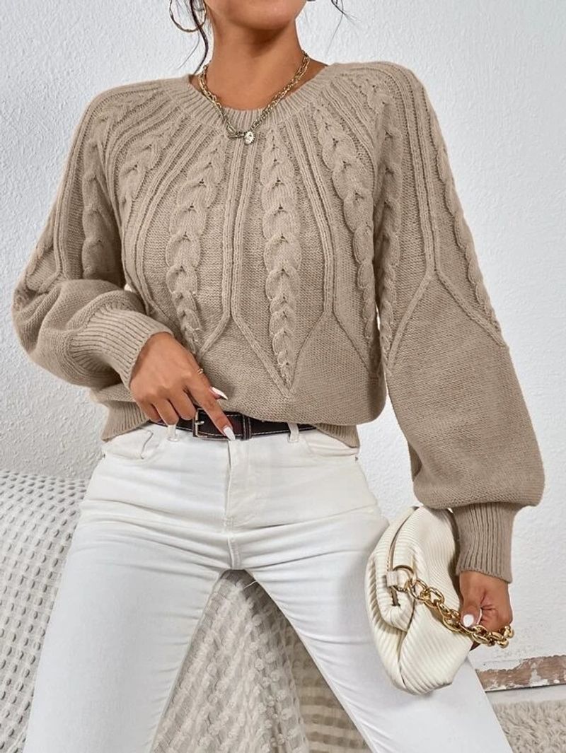 Pull vintage en maille torsadée pour femme, haut décontracté style bohème chic avec motif losanges_voghion.com