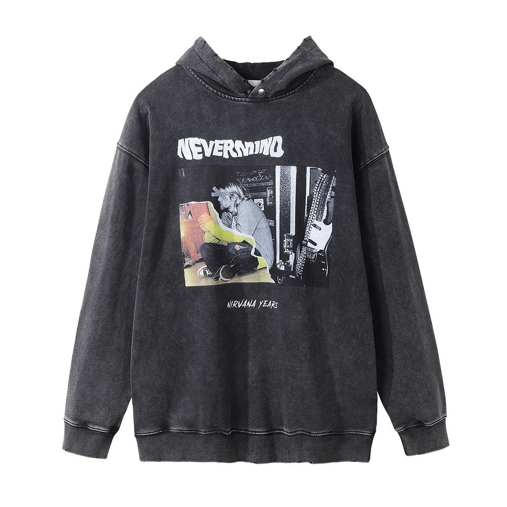 Męska bluza z kapturem w stylu amerykańskim Street Style z nadrukiem postaci, luźny, sprany sweter w stylu vintage z dziurami_voghion.com