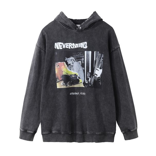 Męska bluza z kapturem w stylu amerykańskim Street Style z nadrukiem postaci, luźny, sprany sweter w stylu vintage z dziurami_voghion.com