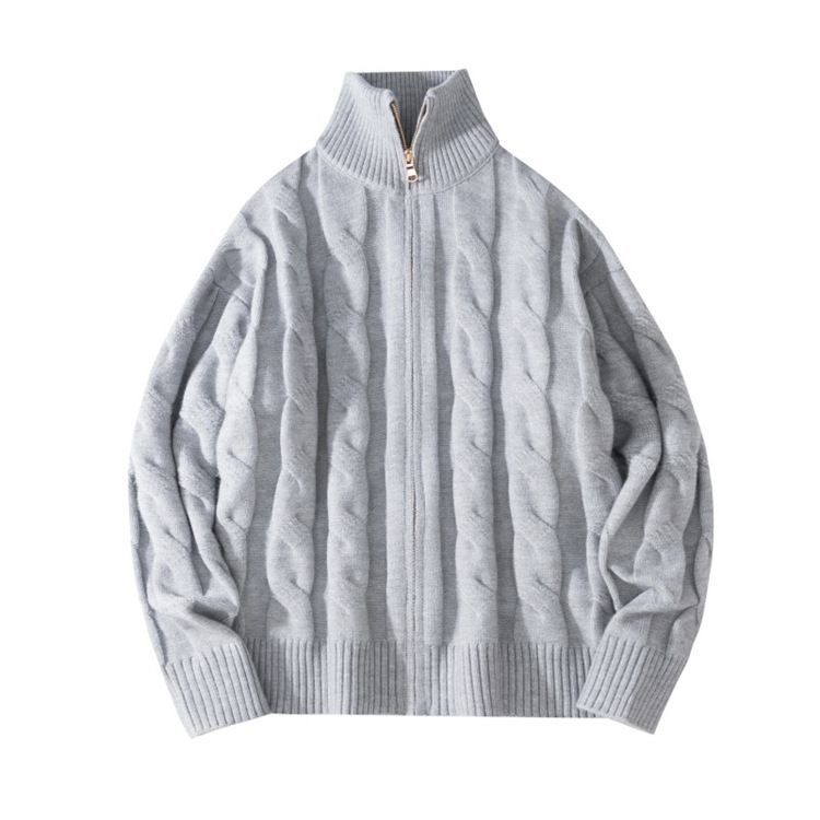 Men's Semi-Turtleneck Sweater, Chunky Knit Cardigan With Cable Pattern, Oversized Streetwear Style For Couples (Black, Grey)_voghion.com