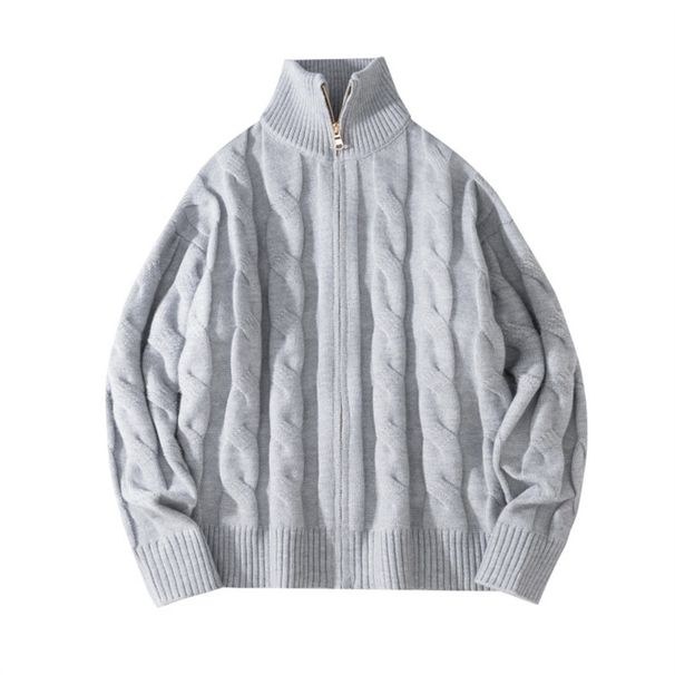 Men's Semi-Turtleneck Sweater, Chunky Knit Cardigan With Cable Pattern, Oversized Streetwear Style For Couples (Black, Grey)_voghion.com