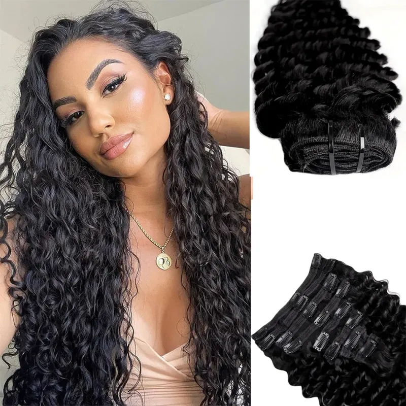 Extension per capelli umani con clip a onde profonde per donna, 8 pezzi, punte spesse e ricce, 120 g/set, 18 clip_voghion.com