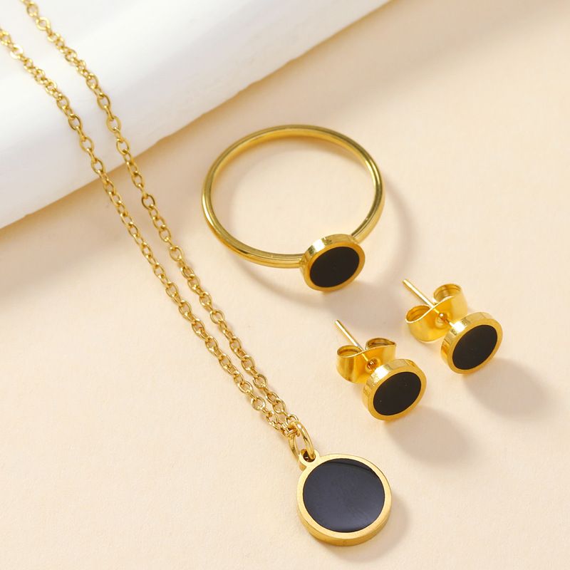 Modischer Edelstahlschmuck, schlichte geometrische Halskette mit schwarzem Öltropfen, Ohrringe, Ringe, dreiteiliges Set, Damen_voghion.com