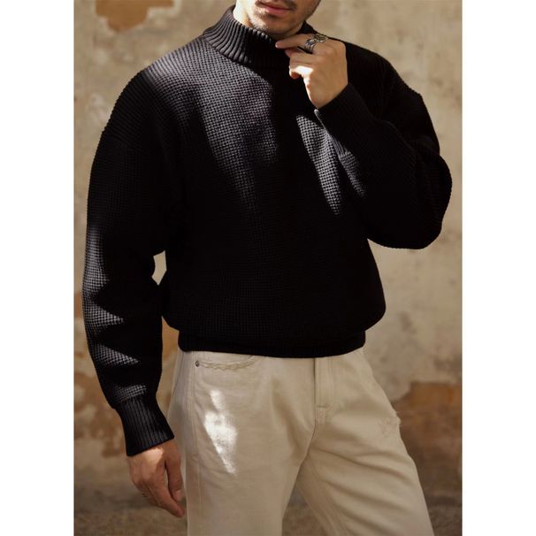 Schwerer Halbrollkragenpullover für Herren – Dicker Strick aus reiner Baumwolle, lockere Passform, Retro-Khaki (S-XL)_voghion.com