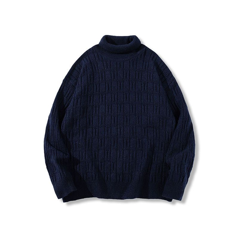 Suéter masculino de malha com gola alta – Pulôver de malha trançada grande com jacquard sutil, 94% poliéster e 6% lã (P/M/G/GG)_voghion.com