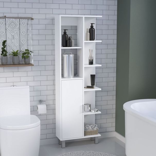 Mott 63' H Linen Bathroom Cabinet With Seven Open Shelves, One Drawer And Four Legs,White_voghion.com