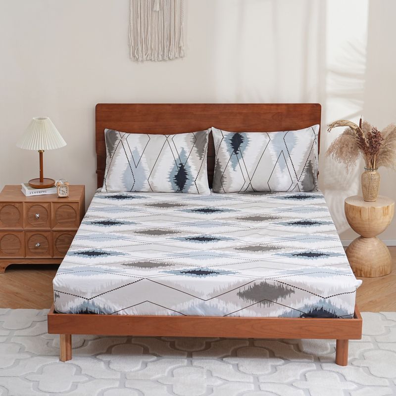 Geometric Diamond Pattern Polyester 3D Printed Fitted Sheet - Twin/Twin XL/Full/Queen/King Size - Gray White Blue Bedding Cover​_voghion.com