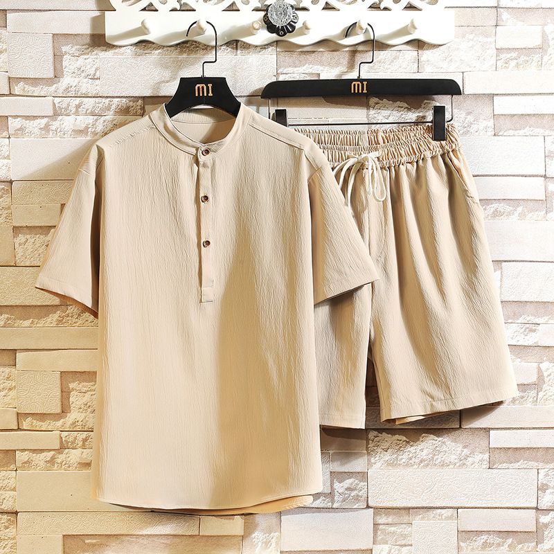 Vêtements pour hommes costume deux pièces col montant rétro costume à manches courtes décontracté couleur unie coton et lin costume deux pièces_voghion.com
