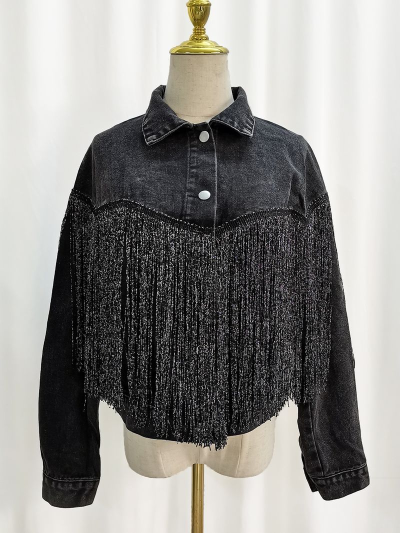 Jeansjacke Damen Mode Quaste Revers Fried Flower Jeansjacke Damen_voghion.com