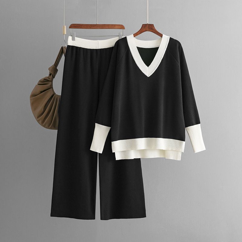 Damenbekleidung Herbst und Winter neuer V-Ausschnitt Kontrastfarbe Strickpullover lockere Hose mit weitem Bein zweiteiliger Anzug_voghion.com