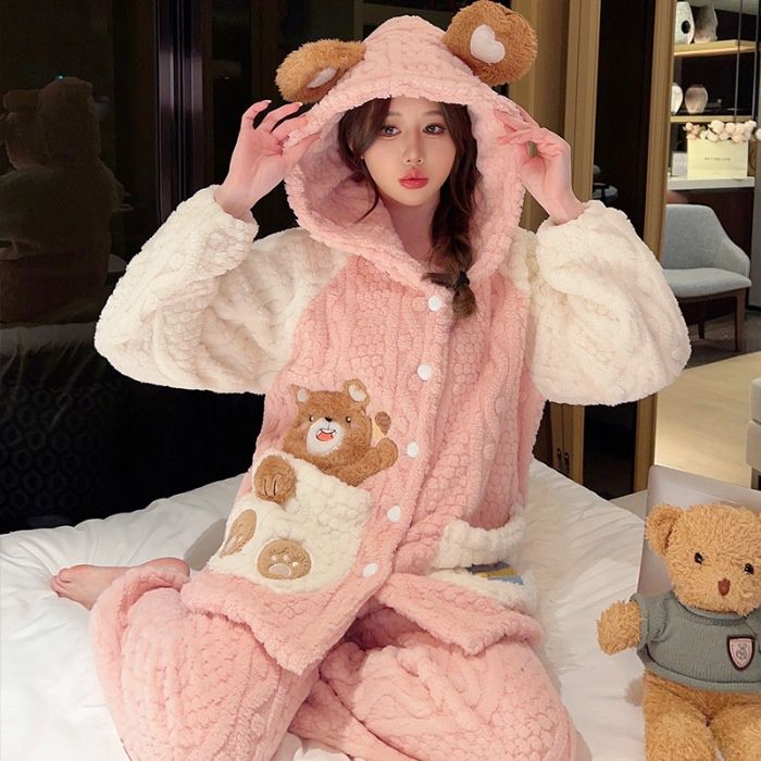 Πυτζάμες από βελούδο ζακάρ για γυναίκες τον χειμώνα, γλυκιά ζακέτα με κουκούλα, παντελόνι με μακριά μανίκια, μέγεθος 108 κιλά και άνω_voghion.com