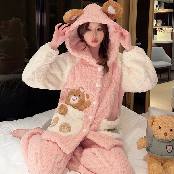 Πυτζάμες από βελούδο ζακάρ για γυναίκες τον χειμώνα, γλυκιά ζακέτα με κουκούλα, παντελόνι με μακριά μανίκια, μέγεθος 108 κιλά και άνω_voghion.com
