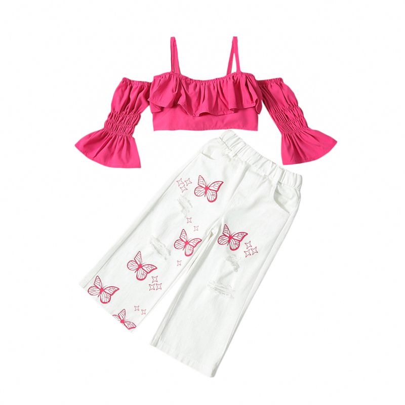 Abbigliamento per bambini Top da bambina con maniche a spalla linea svasata + tailleur pantalone con farfalla stampata_voghion.com